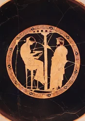 Athenian red-figure kylix depicting Aegeus, King of Athens, consulting the Delphic Oracle